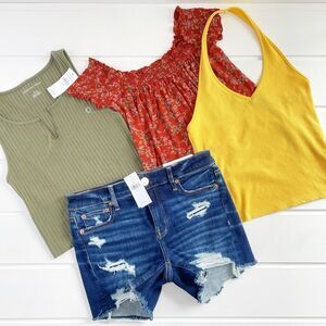 Lot of American Eagle Outfitters - Raw Hem Jean Shorts Halter Tank & Peasant Top